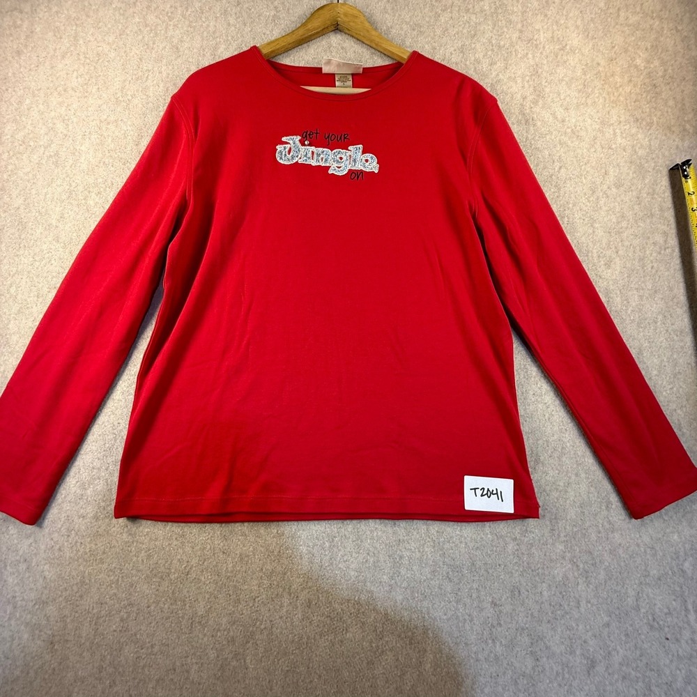 M&C Sportswear Red Get Your Jingle On Glitter Graphic Long Sleeve Top XL Y2K